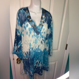 CZ Cover Ups Beaded Abstract Blue White Sheer Polyester Swim Cover Up Size S